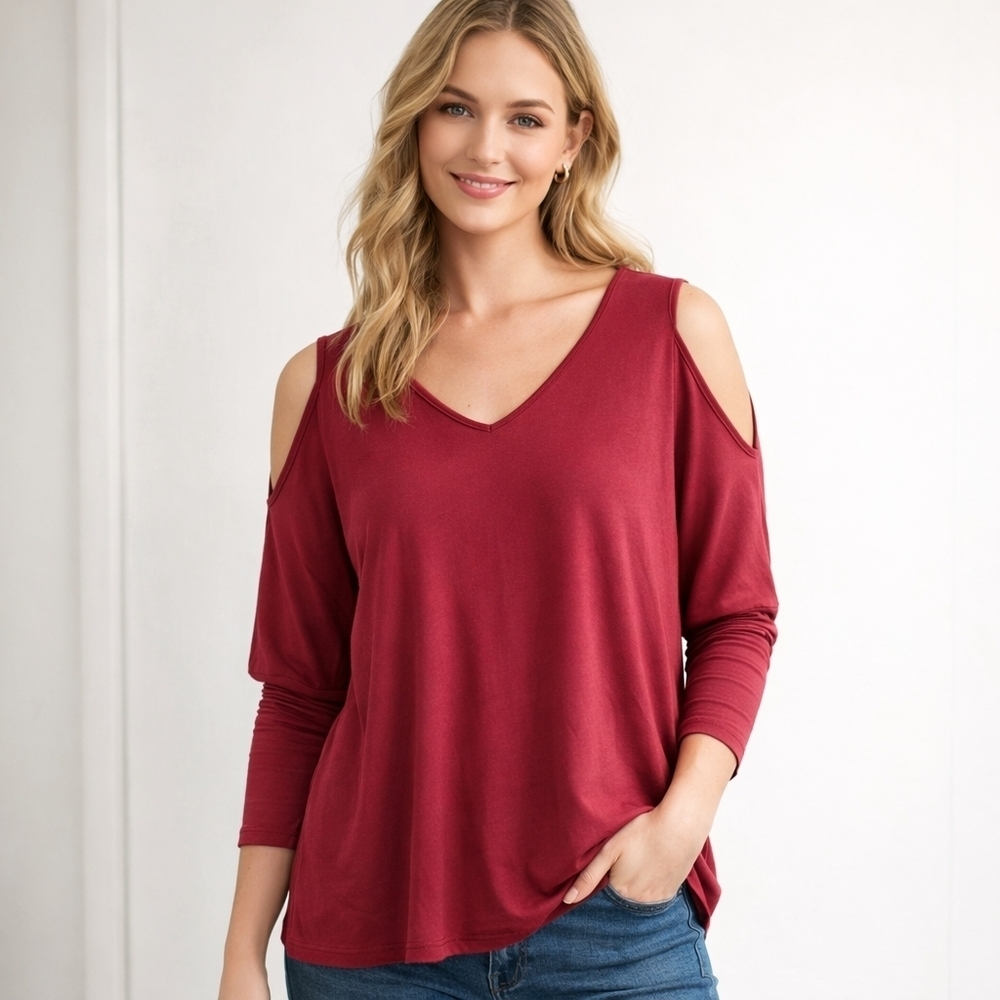 Symli Women's Cold Shoulder Top - Cherry Colour Bamboo Cotton Size S